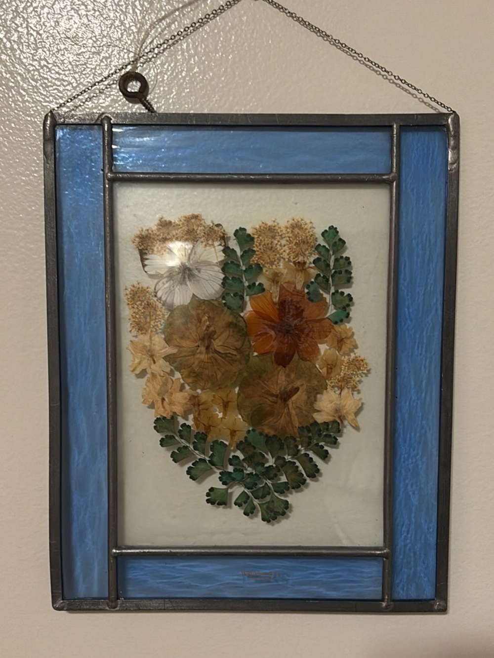 Pressed Dried Flower Art Floating Glass Pewter Frame Wall Window Hanging 9”x11”